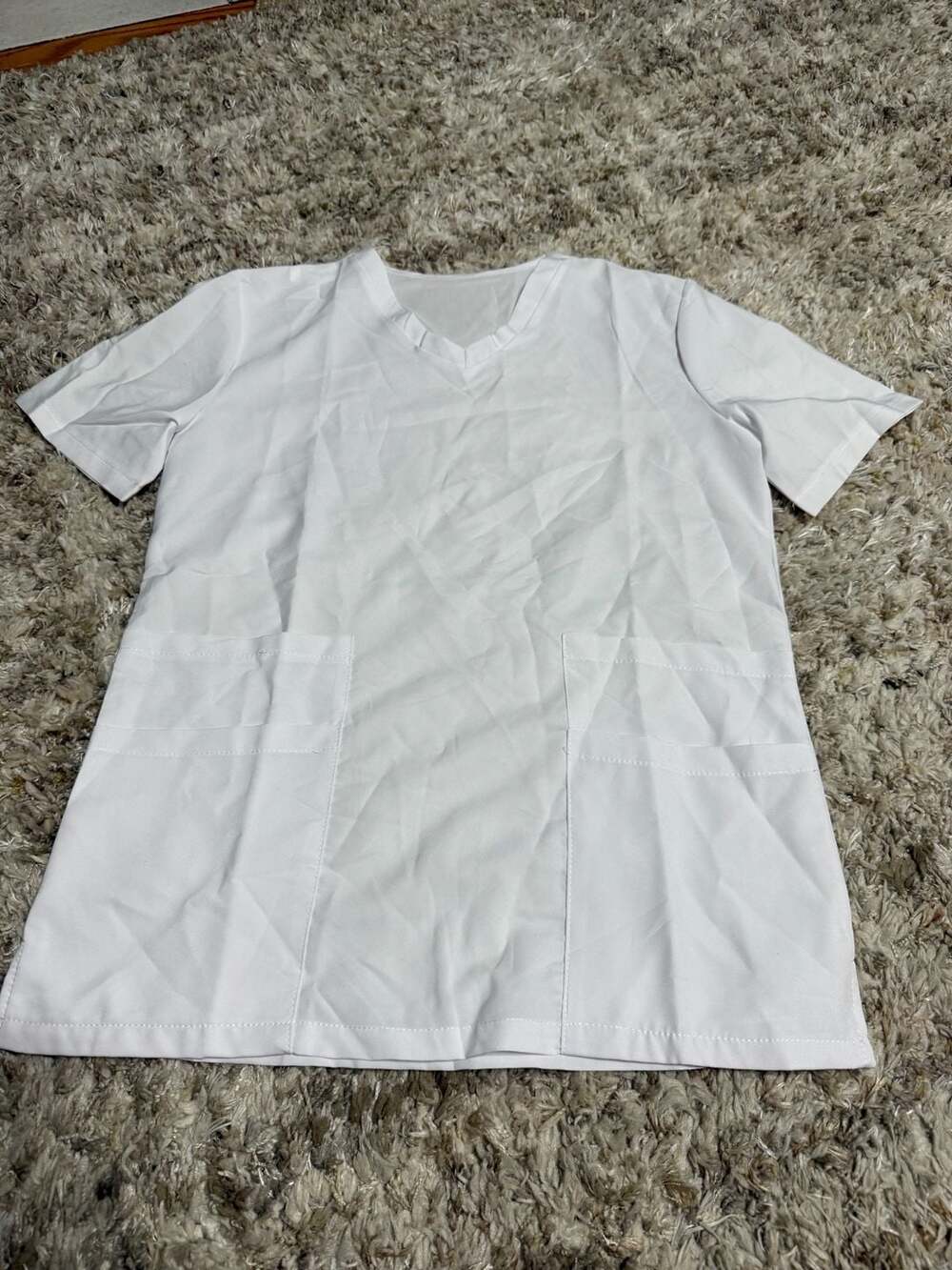 Medical Scrub Top V-Neck White Short Sleeve with Two Pockets Size S